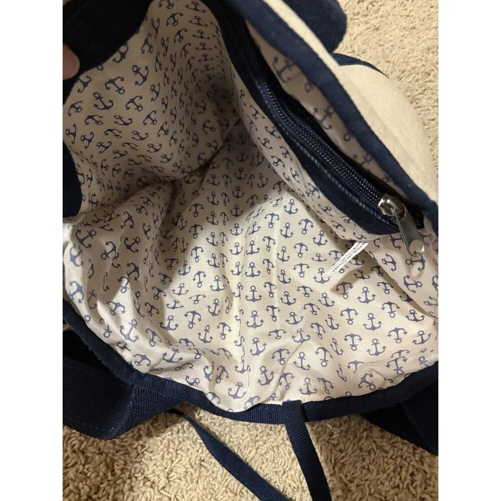 Boat Tote Bag Ivory Blue Matching Wristlet Anchor Print Lining 13”x 10
